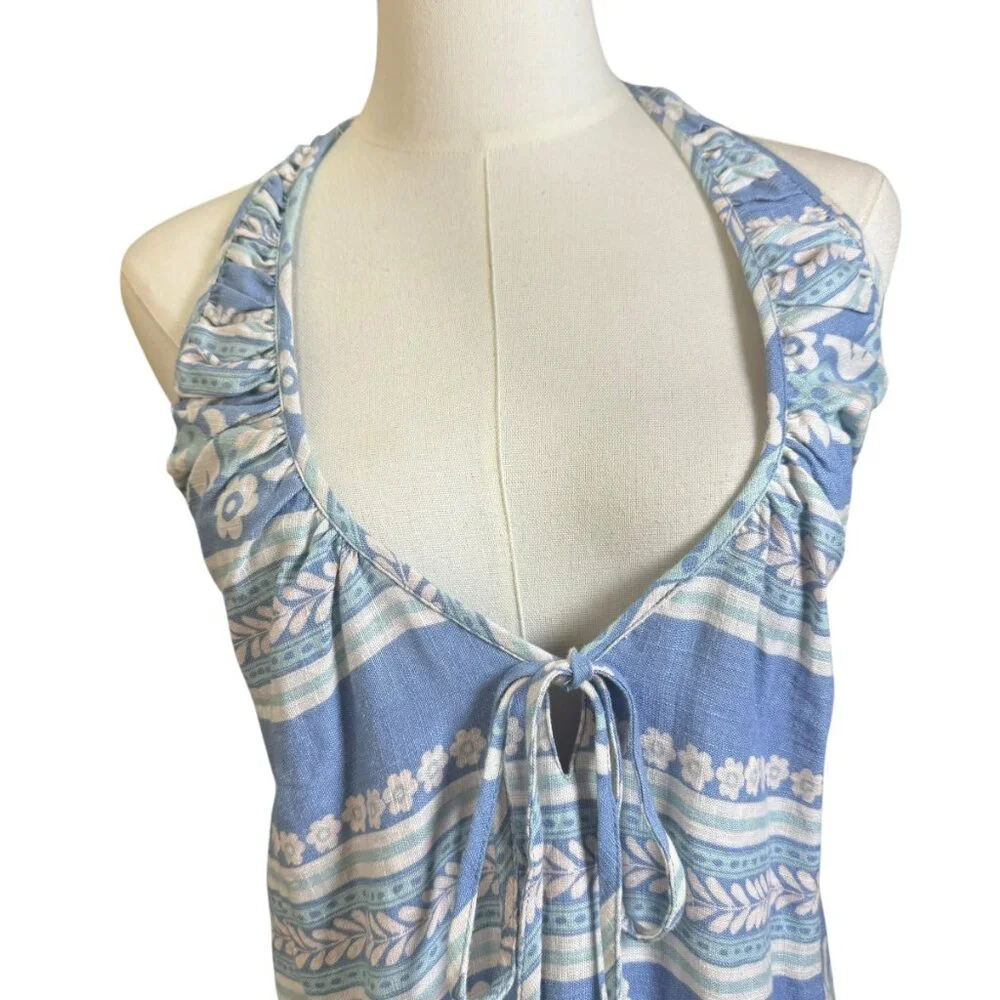 Free People Linen Blend Halter Mini Dress Blue Boho Floral Stripe Pattern Size M - Picture 3 of 12